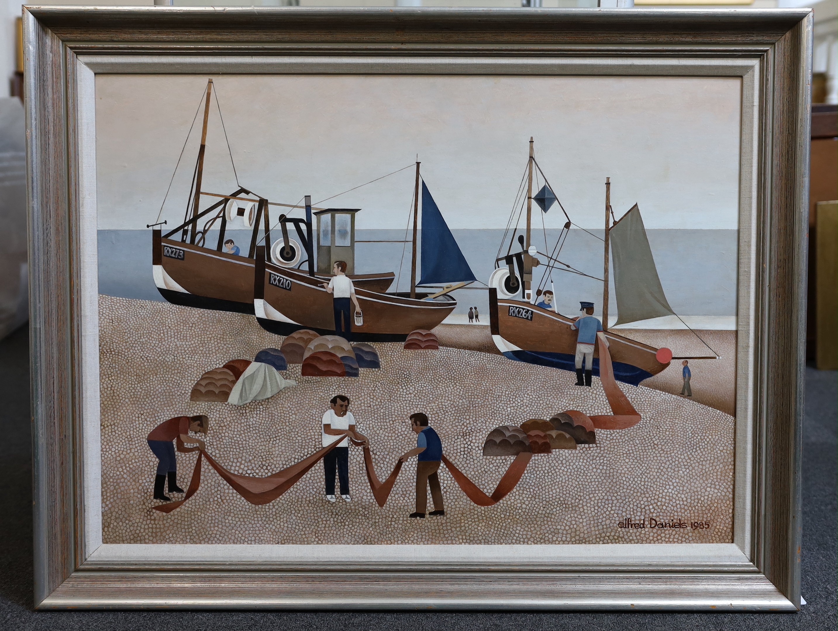 Alfred Daniels (1924-2015), 'Working Boats, Hastings', oil on board, 59 x 80cm